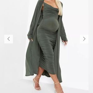 BOOHOO MATERNITY STRAPPY COWL NECK DRESS AND DUSTER COAT NWT Olive green size 12